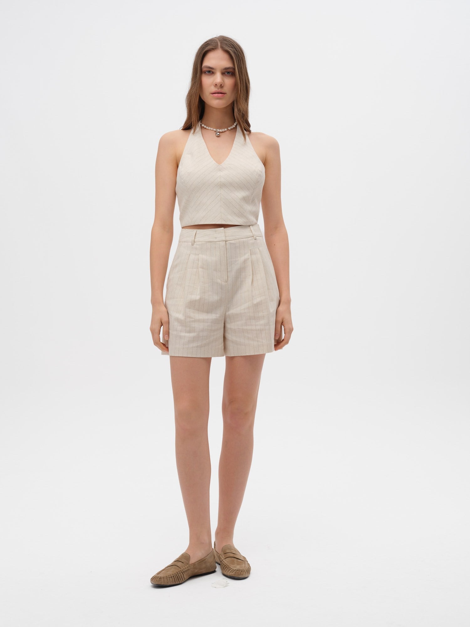 Piarbi Kuşgözü Nakış Detaylı Mikro Bluz Yelek - Çizgili Krem Keten Karışımlı Premium Eyelet Lace Short Vest