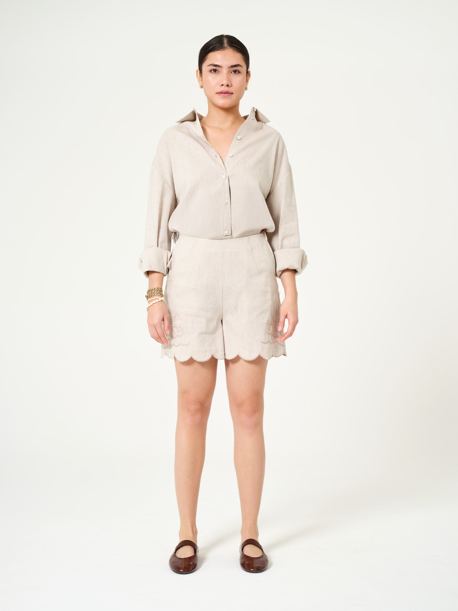 Piarbi Nakış Detaylı Keten Şort - Taş Rengi Premium Linen Blend Embroidery Detail Shorts