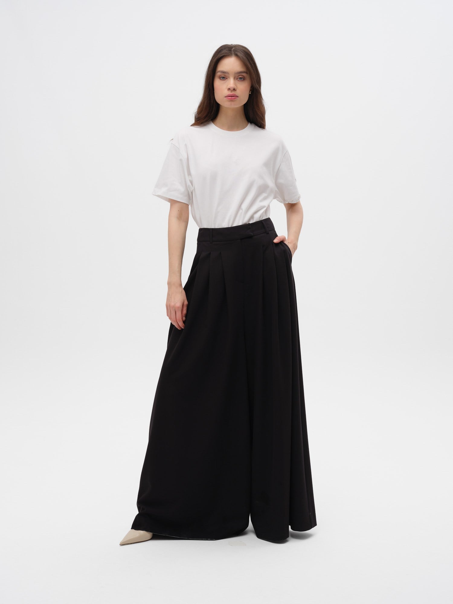 Piarbi Pile Detaylı Geniş Paça Pantolon - Siyah Viskon Karışımlı Premium Wide-Leg Tasarım