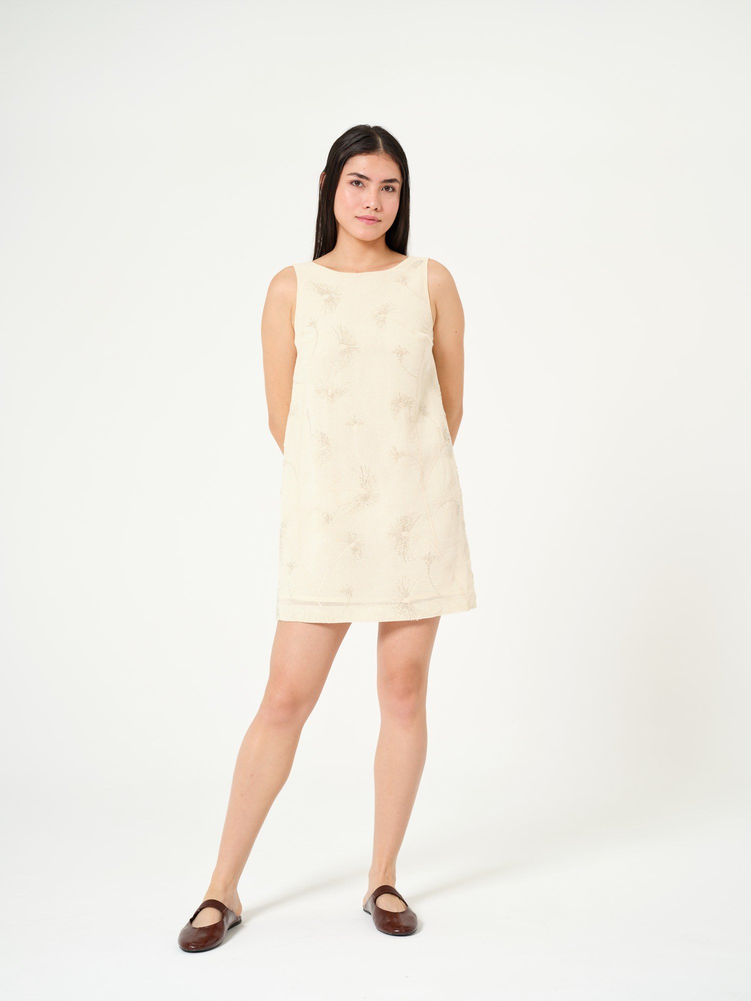 Piarbi Pul ve Nakış İşlemeli Kısa Elegant Elbise - Açık Bej Premium Pamuk Karışımlı Sequin Embroidery Dress