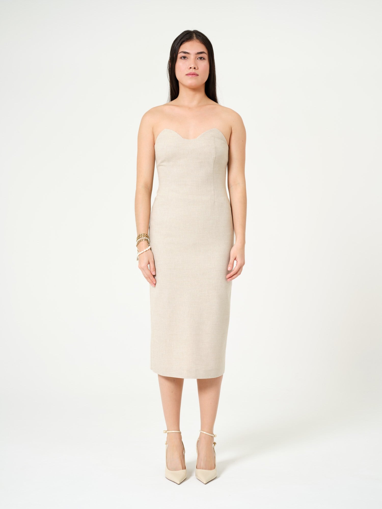 Piarbi Straplez Düz Kesim Maksi Elbise - Bej Keten Karışımlı Premium Strapless Straight Dress