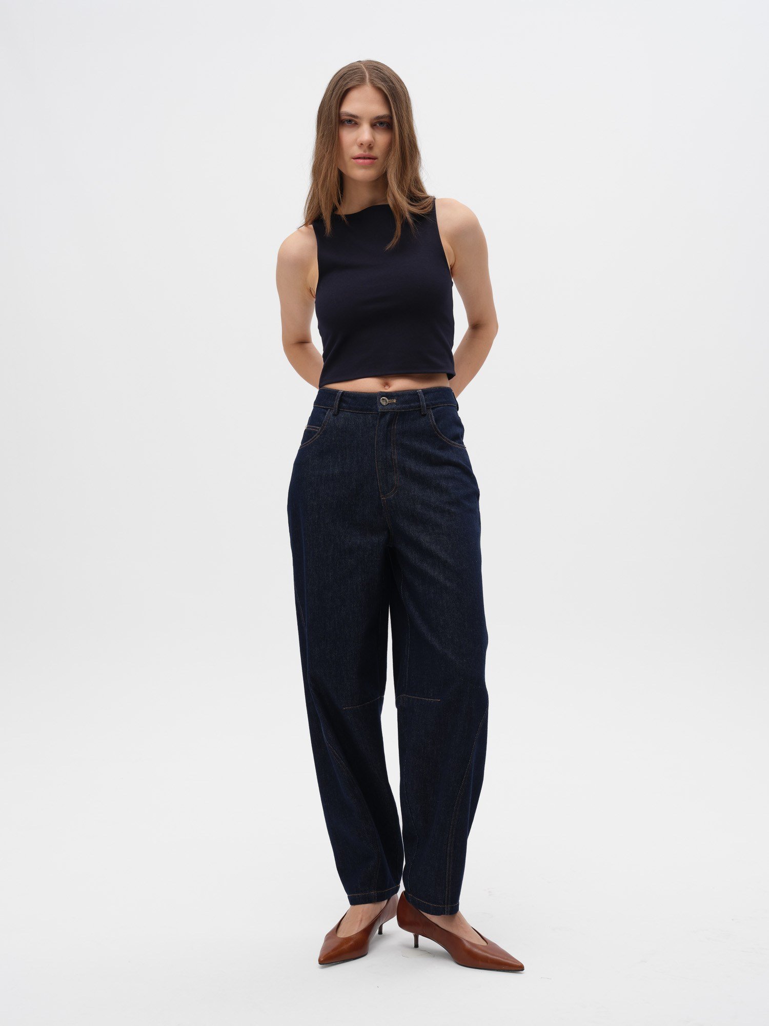 Piarbi Yüksek Bel Baggy Denim Pantolon - Lacivert %100 Pamuk Jean Tasarım