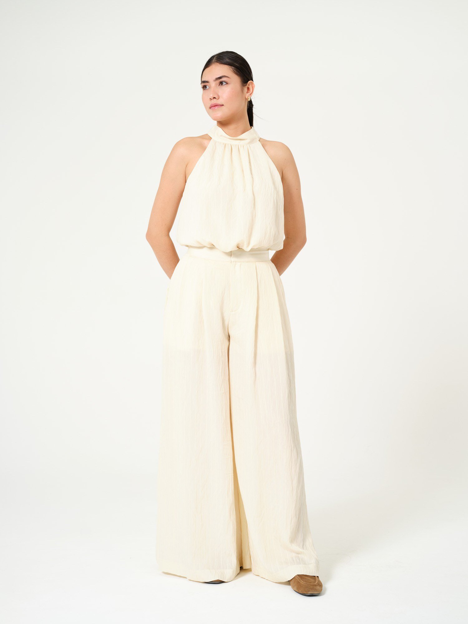 Piarbi Yüksek Bel Geniş Paça Pantolon - Ekru Anfora Viskon Karışımlı Premium Wide-Leg Tasarım