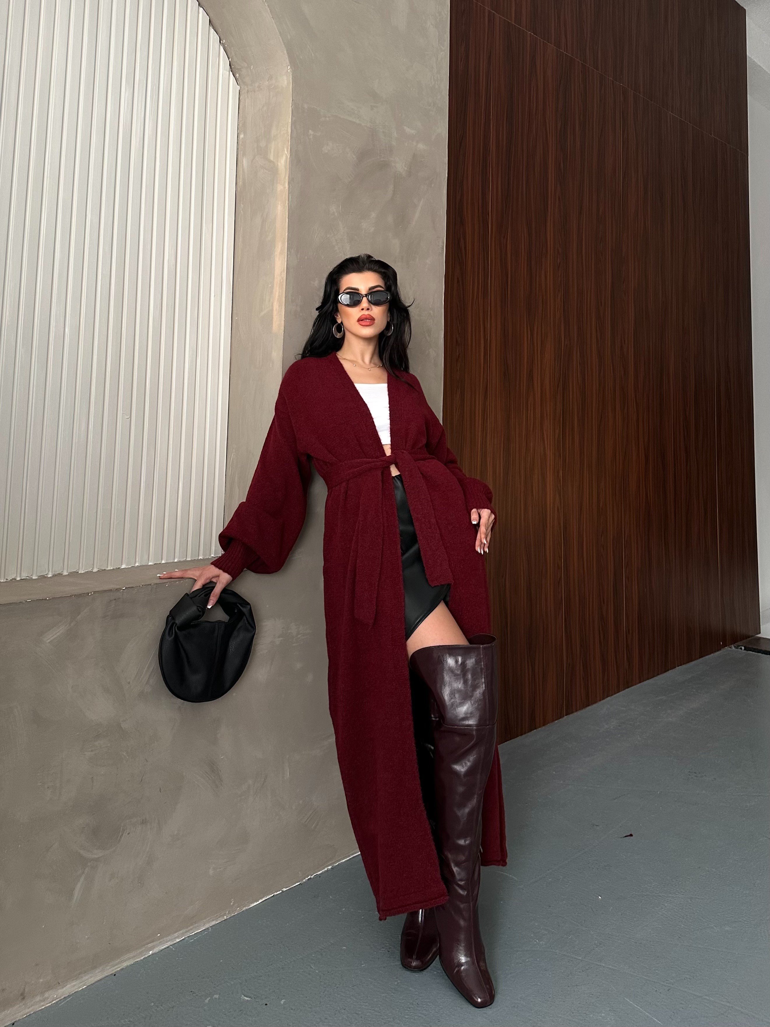 Belden Bağlamalı Tam Boy Hırka Bordo