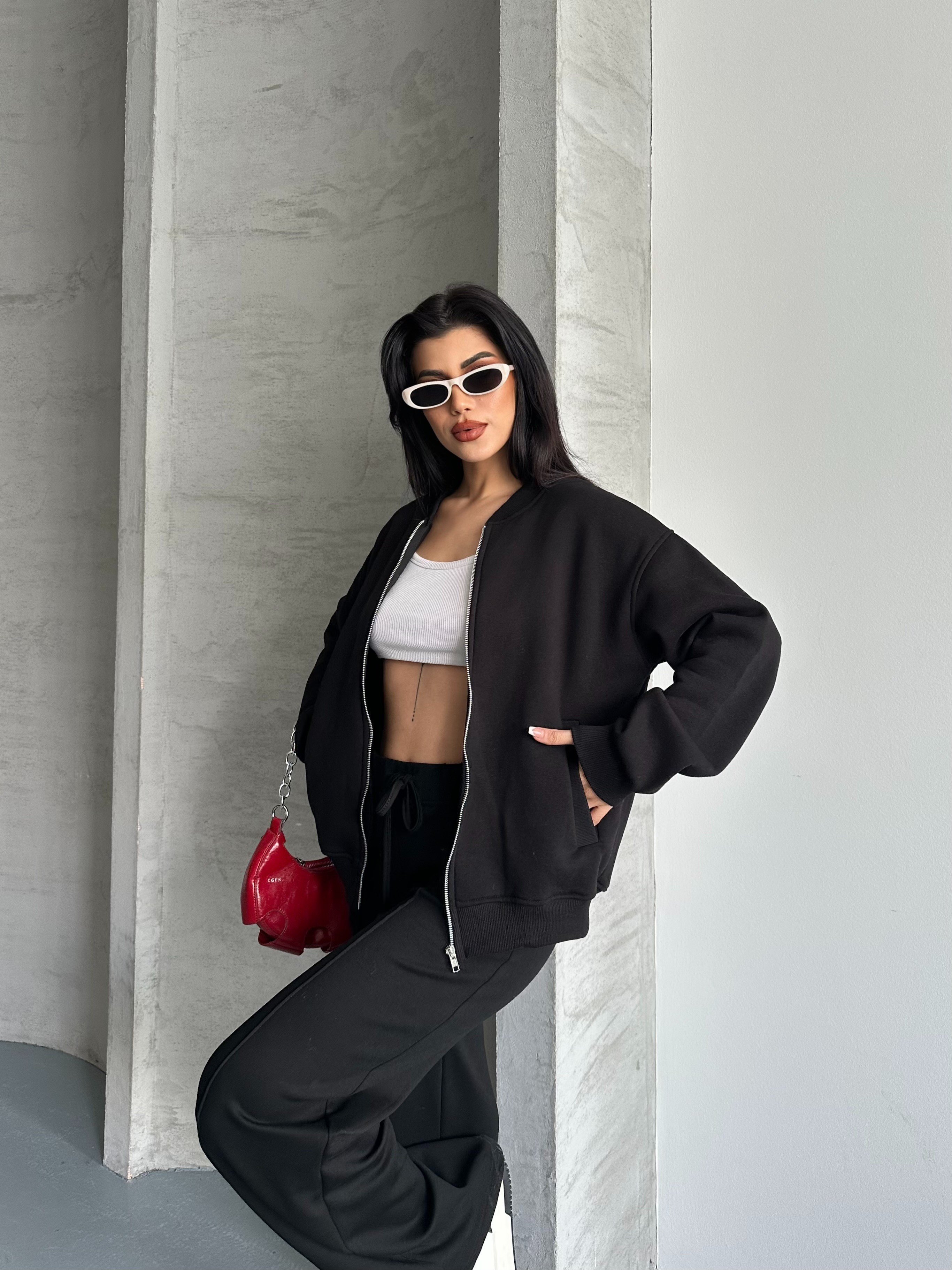 Fermuarlı Kolej Sweaters Siyah