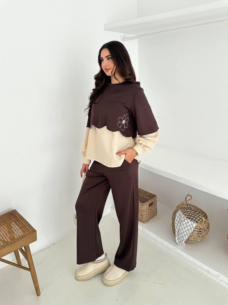 Modal Kumaş Oysh Poplin Kumaş Detaylı Takım Kahverengi