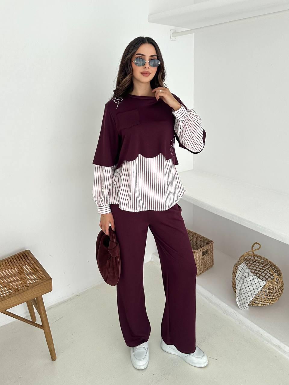 Modal Kumaş Oysh Poplin Kumaş Detaylı Takım Bordo