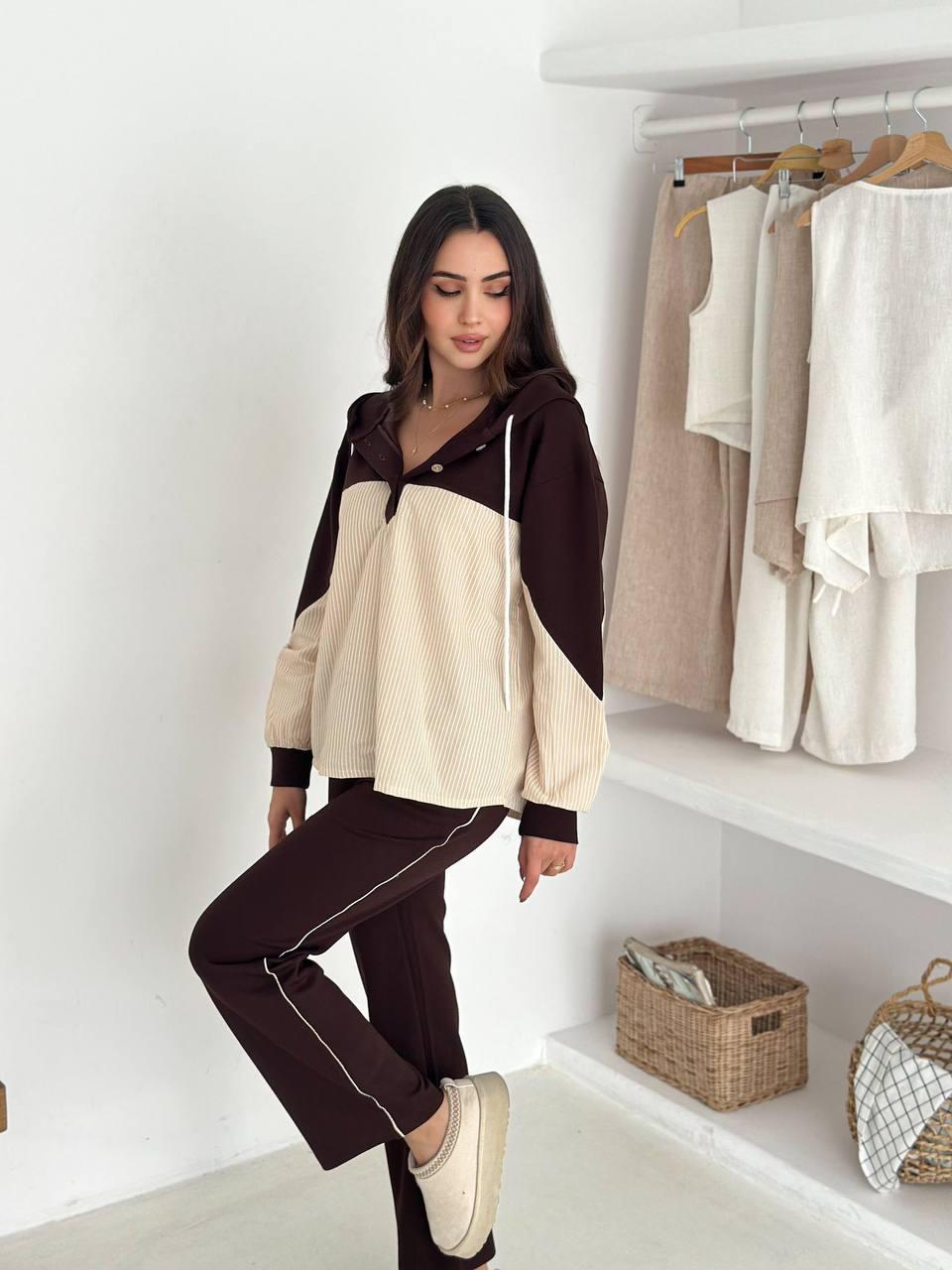 Modal Kumaş Oysh Poplin Kumaş Detaylı Takım Kahverengi