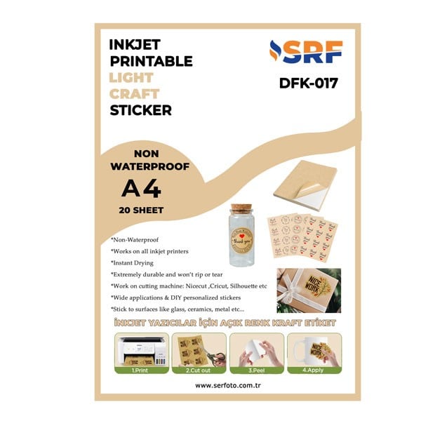 SRF Yapışkanlı İnkjet Açık Kraft Plastik Etiket (20 adet A4)