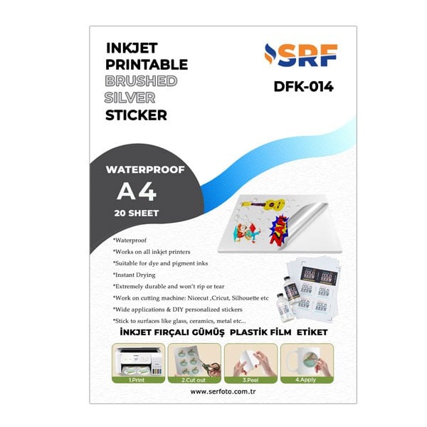 SRF Yapışkanlı İnkjet Fırçalı Gümüş Plastik Etiket (20 adet A4)