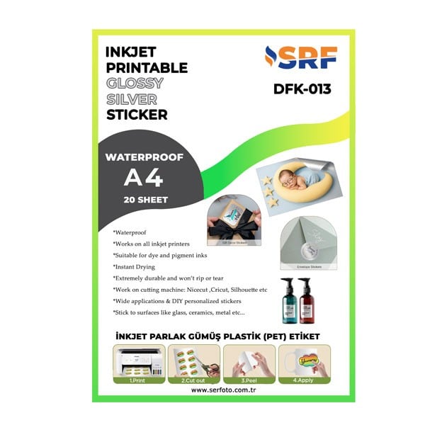 SRF Yapışkanlı İnkjet Parlak Gümüş Plastik Etiket (20 adet A4)