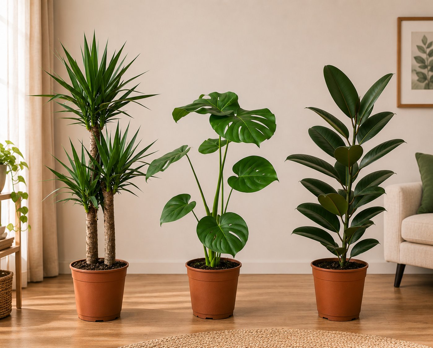 🌿 3'lü Salon Bitkisi Seti | 2 Gövdeli Yucca + Monstera Deve Tabanı + Kauçuk Bitkisi | Canlı İç Mekan ve Ofis Bitkileri