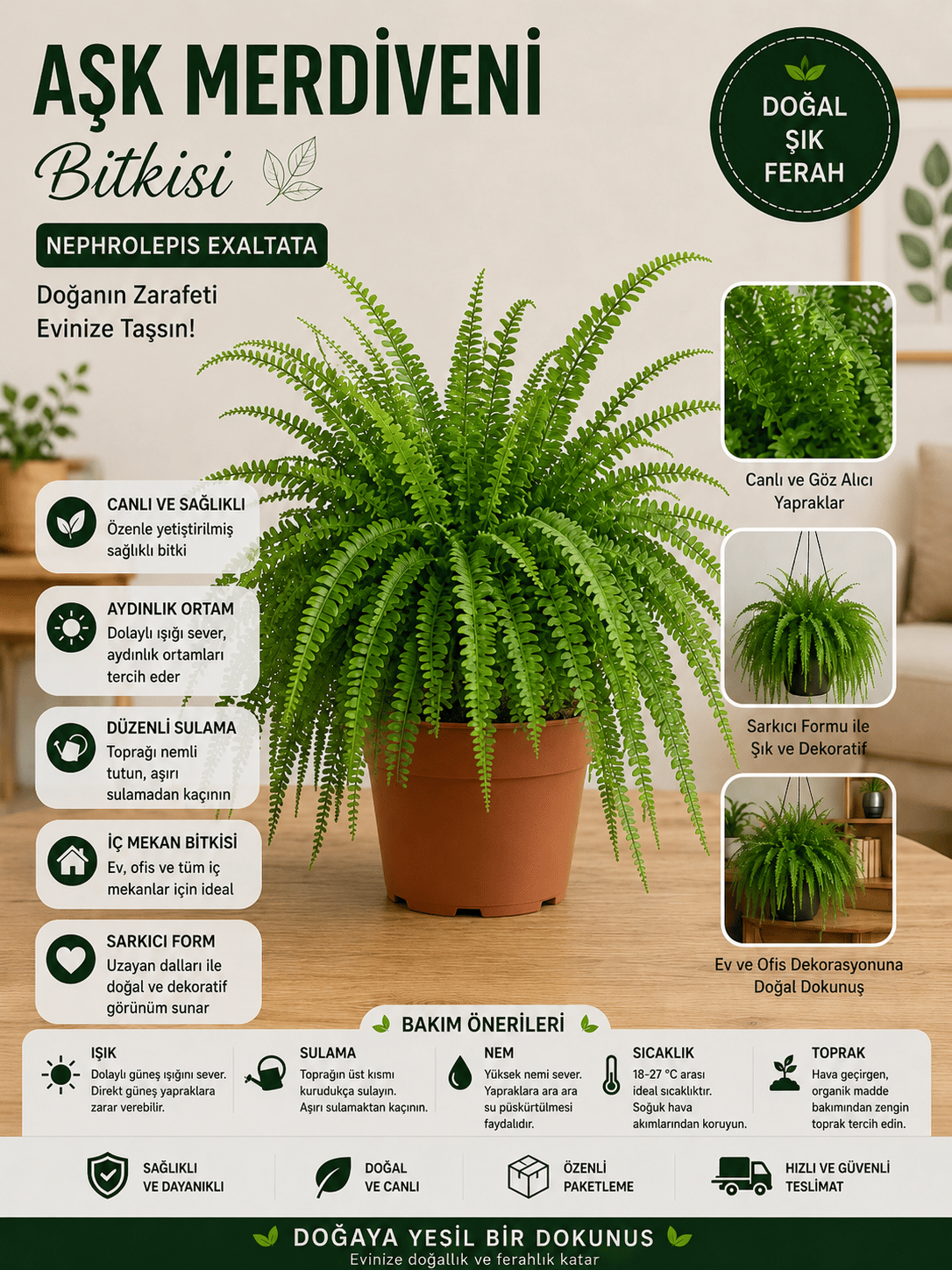 🌿 Premium Aşk Merdiveni Bitkisi (Nephrolepis Exaltata) – Gösterişli Canlı Salon Bitkisi