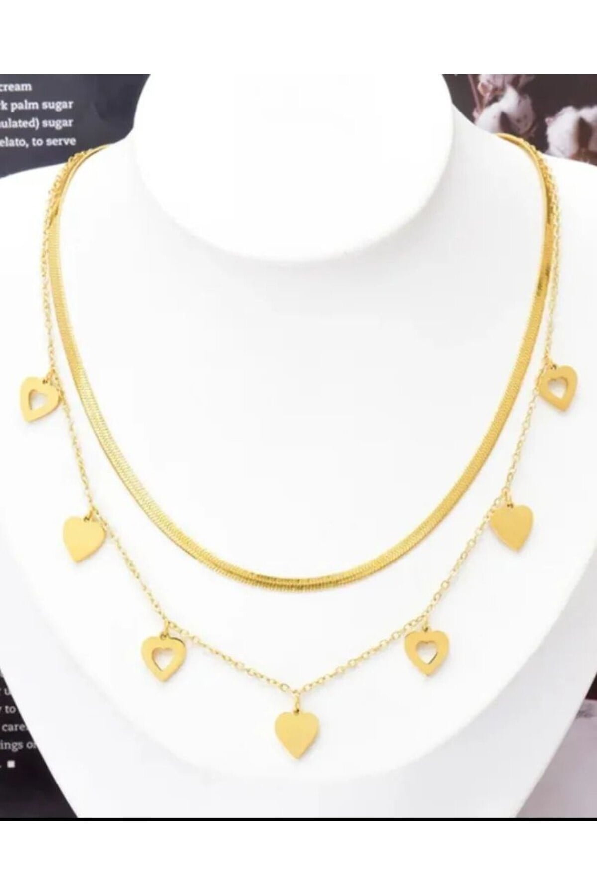 316L 1 SINIF ÇELİK KADIN GOLD ÇİFT İTALYAN VE ÖRGÜ ZİNCİRLİ KALPLİ TREND KOLYE