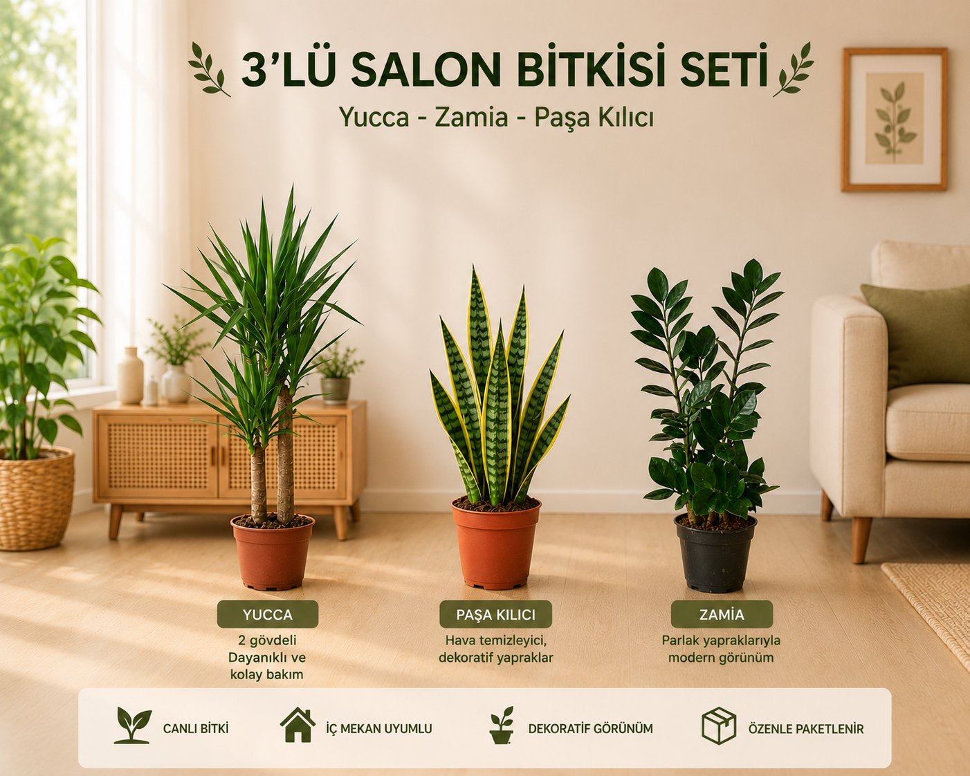 3'lü Salon Bitkisi Seti | Yucca, Zamia ve Paşa Kılıcı Canlı İç Mekan Bitkileri | Kolay Bakım