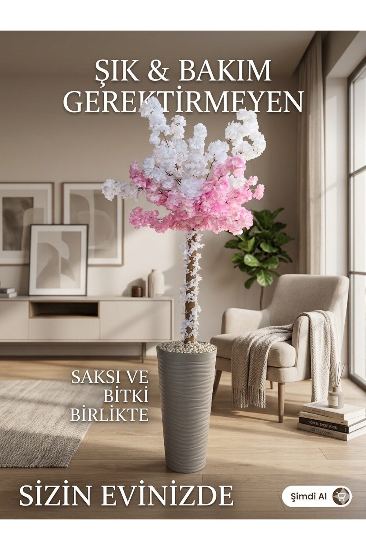 Lüks Dekoratif Yapay Bahar Dalı Ağacı - Sütlü Kahve Saksıda Dalgalı Uzun Saksıda Pembe Beyaz Çiçekli 180 Cm