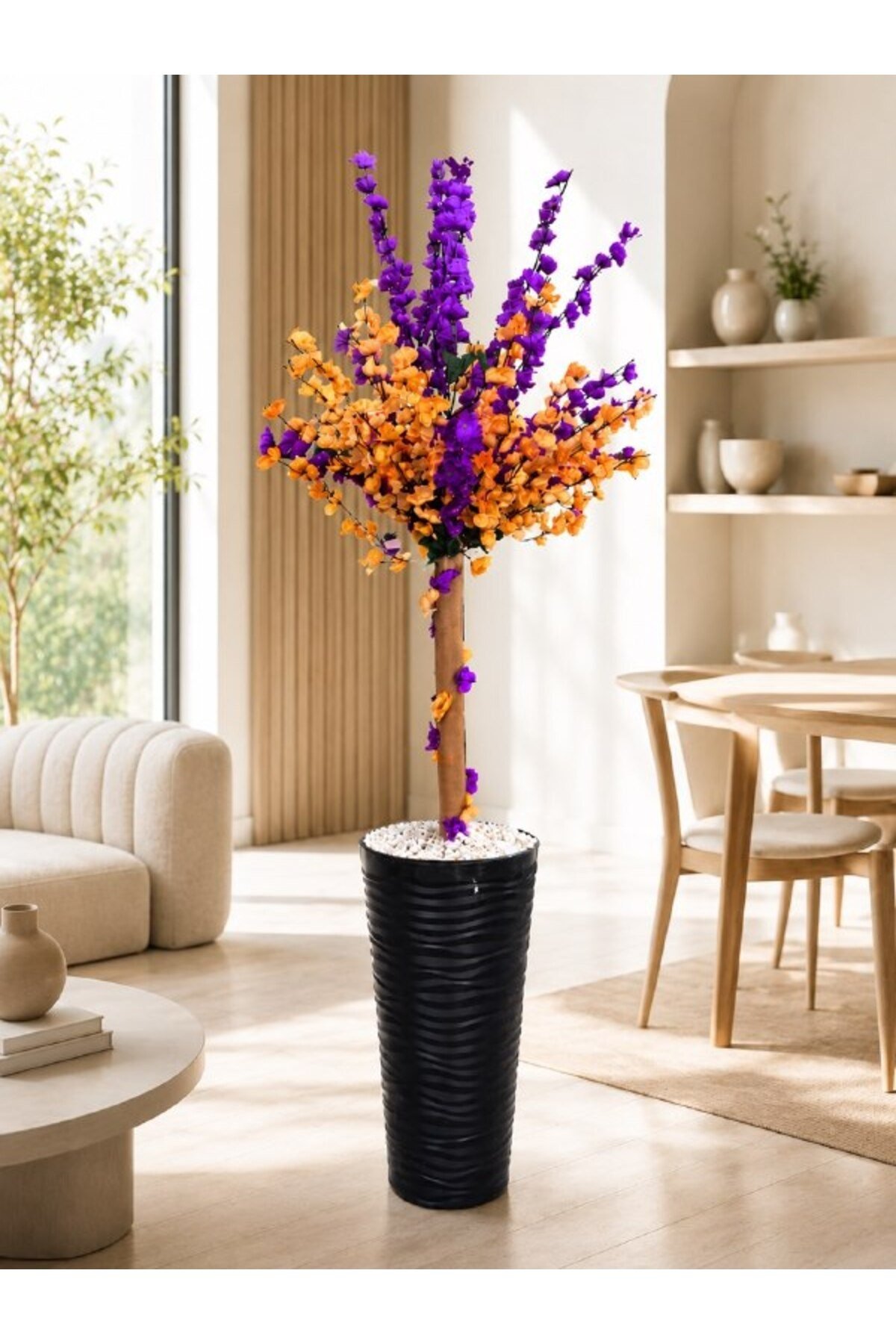 Lüks Yapay Mor ve Turuncu Çiçekli Dekoratif Sakura Ağacı- 165 cm Modern Siyah Dalgalı Saksıda