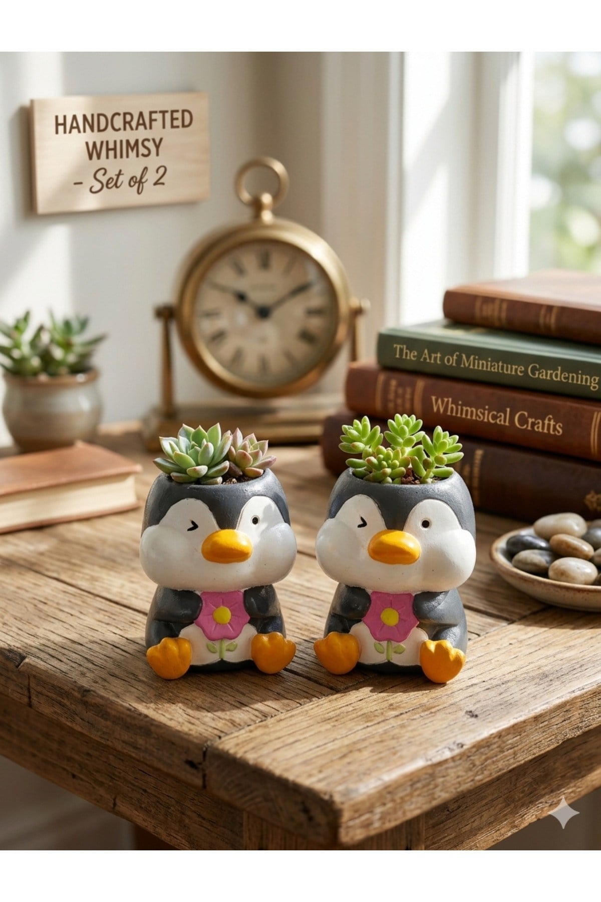 Penguen Figürlü 2'li Mini Sukulent Saksı Seti - El Yapımı Dekoratif Hediyelik Saksılı Kaktüs