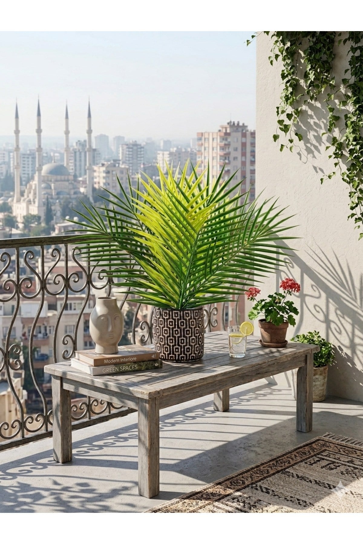 Yapay Areka Palmiye Ağacı 45 cm Geometrik Desenli Siyah Beyaz Saksıda Lüx Ofis Ev Salon Bitkisi