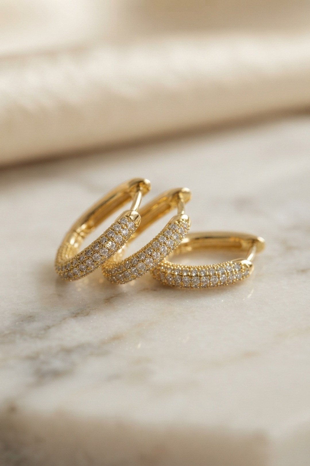3 lü Set Gold Renk Zirkon Taşlı Kare Halka Küpe