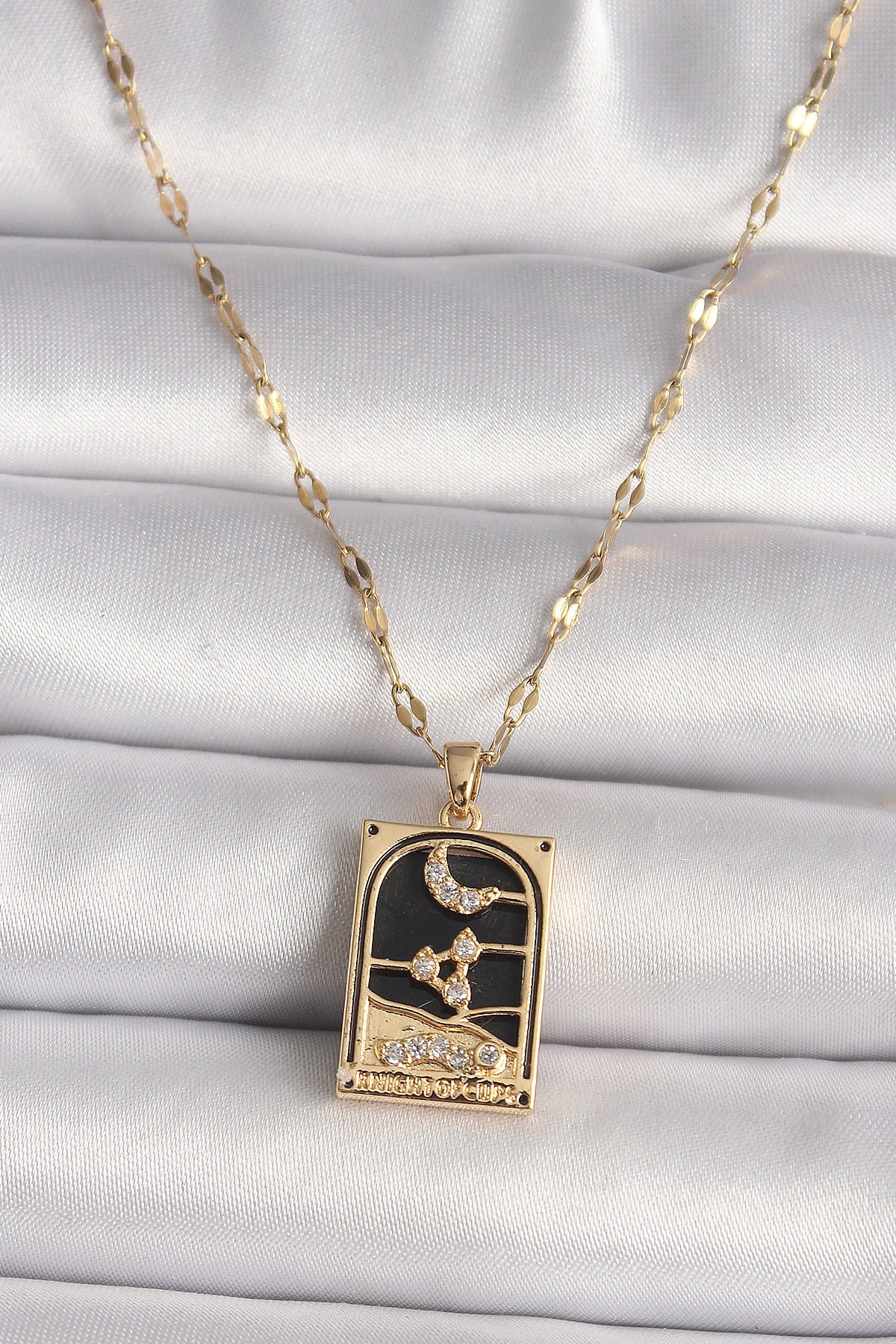 316L Çelik Gold Renk Zirkon Taşlı Ay Figürlü Tarot Model Kadın Kolye