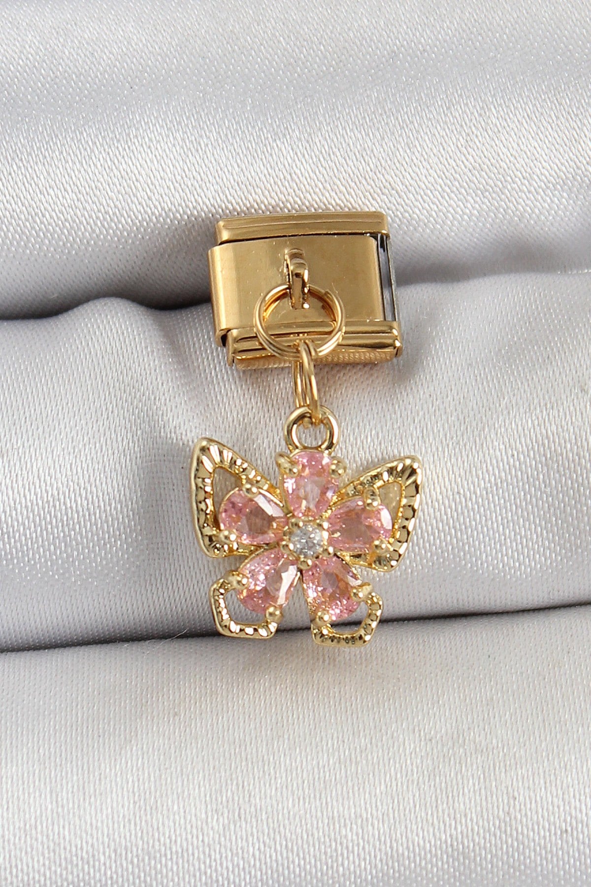 316L Çelik Sallantılı Zirkon Taşlı Çiçek Figürlü Kelebek Model Gold Renk Nomination Charm