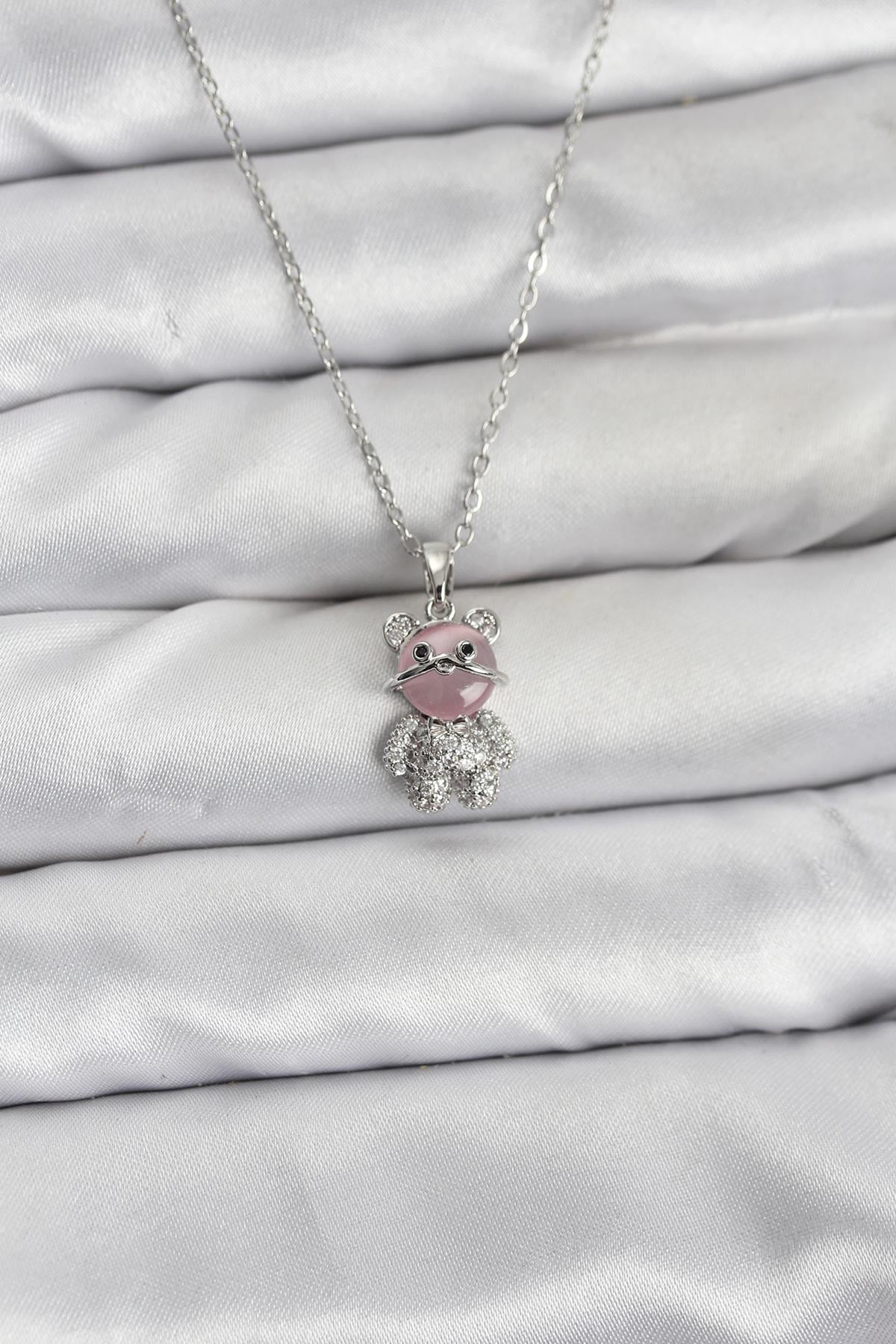 316L Çelik Zincir Gümüş Renk Teddy Bear Model Zirkon Taşlı Kadın Kolye