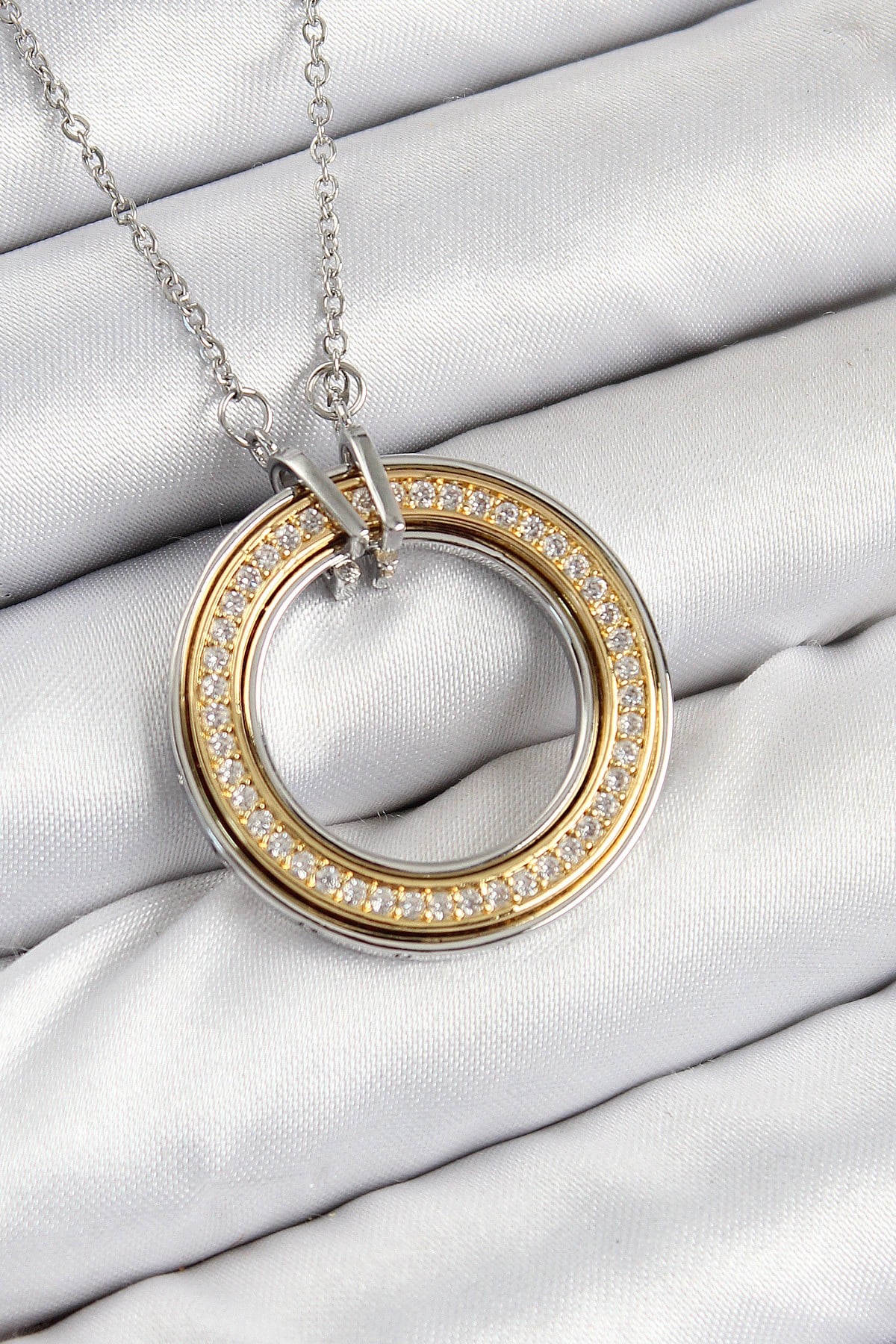 316L Çelik Zirkon Taşlı Dönen Daire Model Gold Ve Gümüş Renk Kadın Kolye
