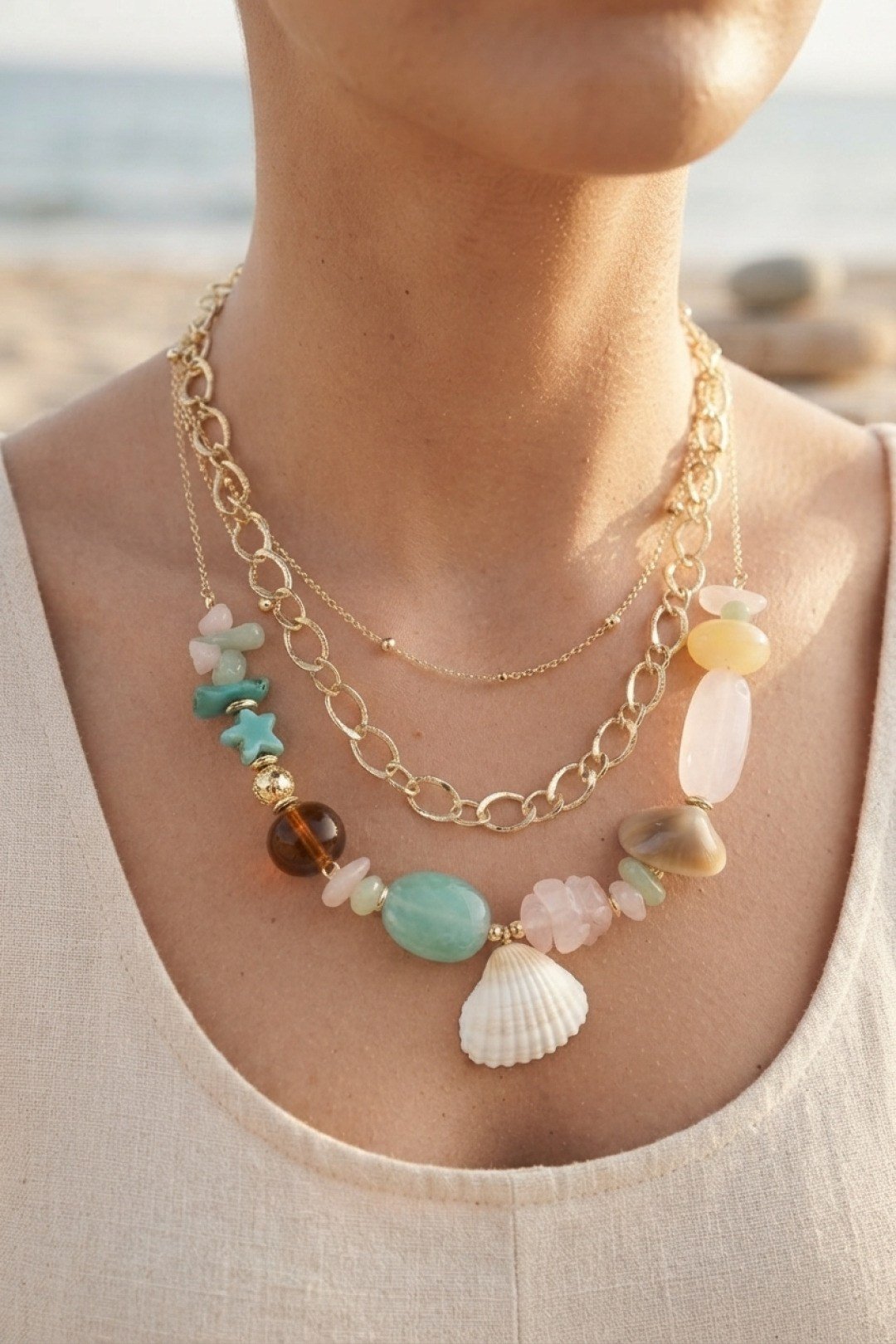 Deniz Kabuğu Figürlü Doğal Taş Detaylı Gold Renk Kadın Kolye