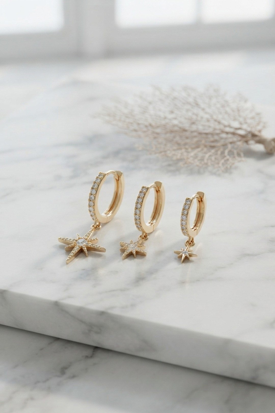 Gold Renk Kutup Yıldız Model 3 lü Küpe Seti