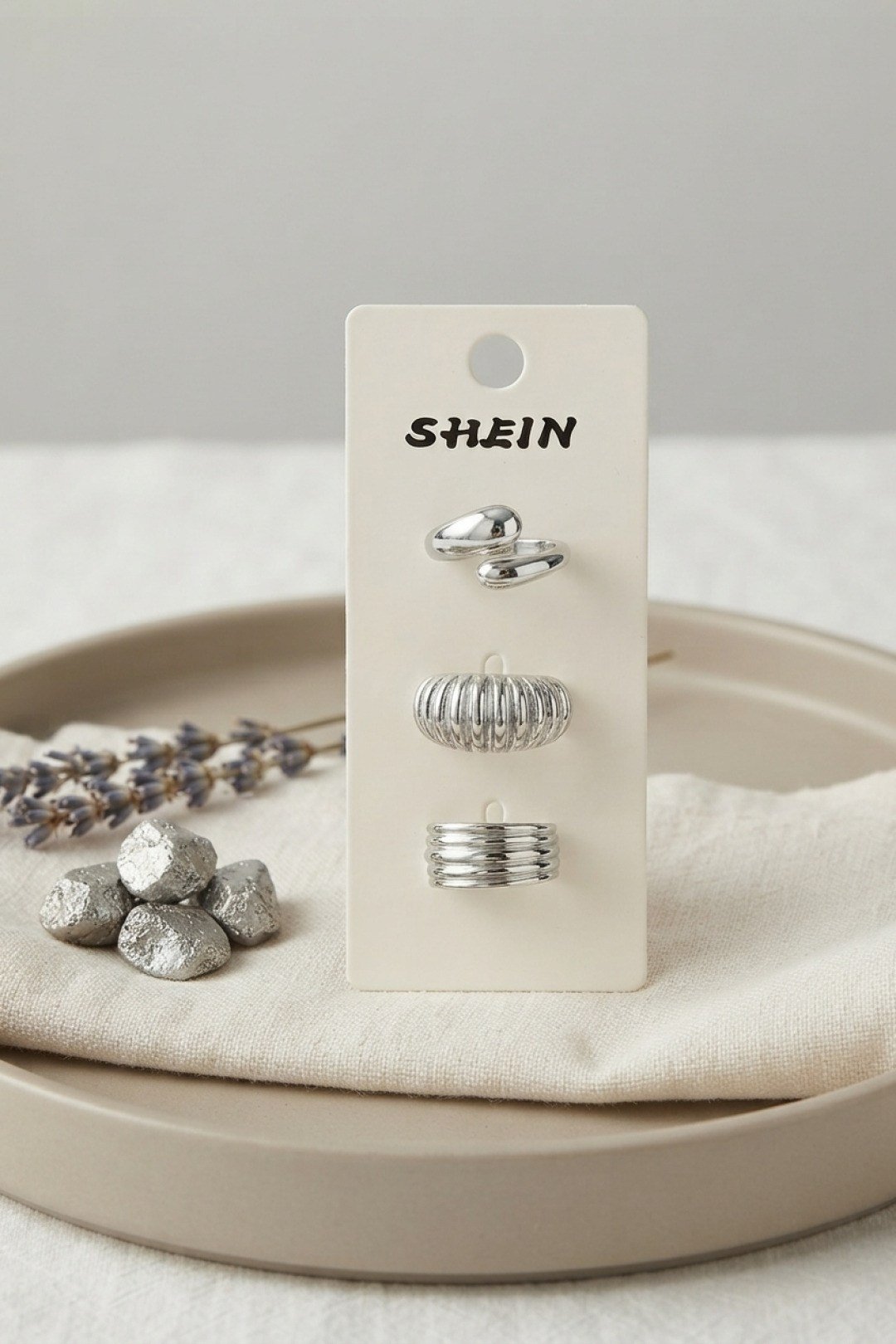 Gümüş Renk Pirinç 3'lü Vintage Kadın Yüzük Kombini BYK4297
