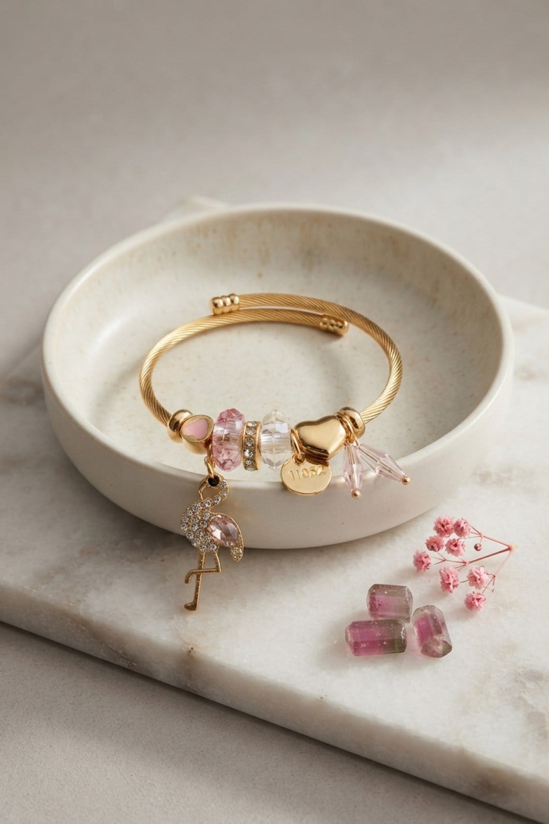 Pembe Flamingo Model Gold Renk Charmlı Bileklik