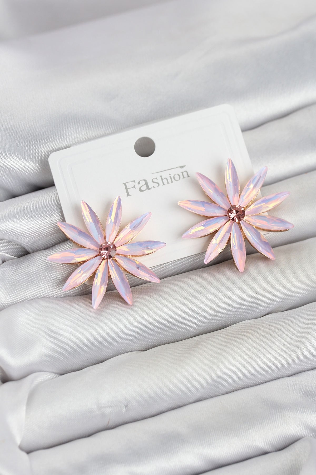 Pembe Kristal Taşlı Lotus Model Kadın Küpe