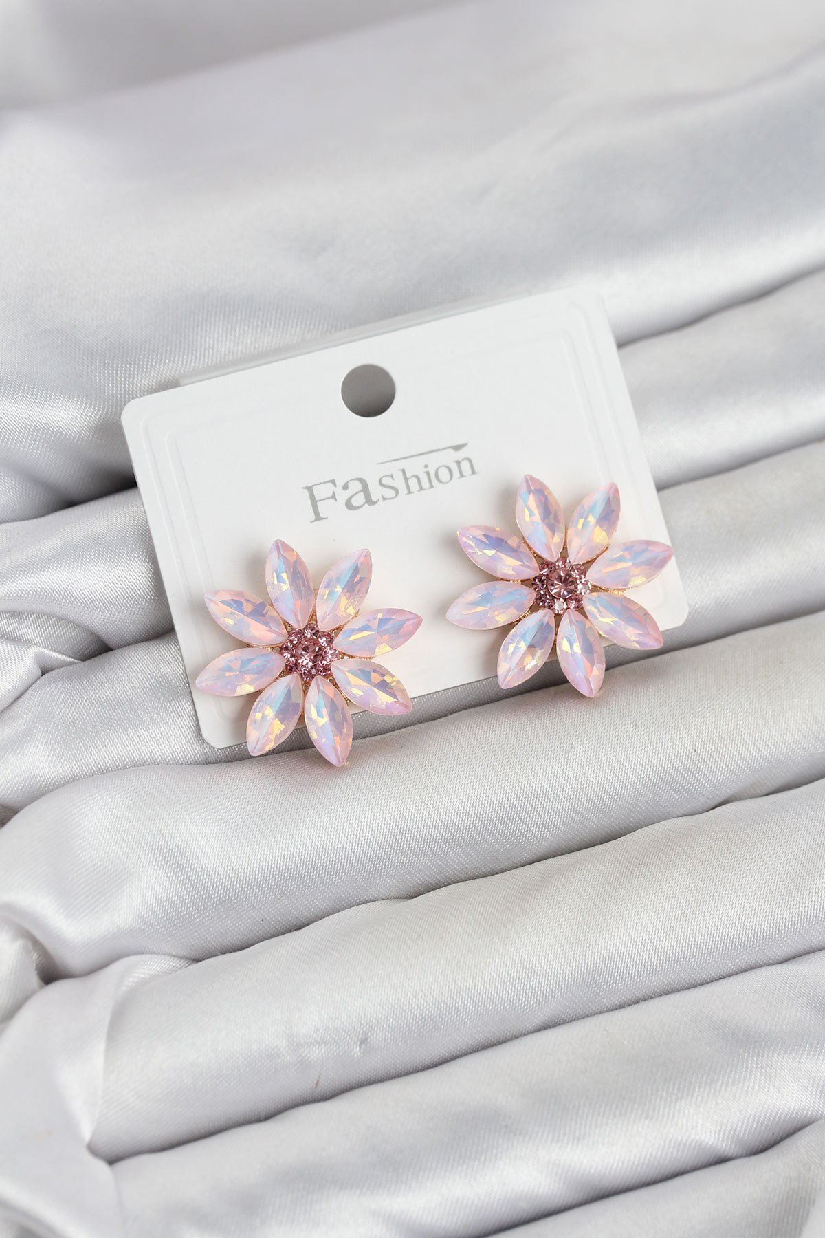 Pembe Renk Kristal Taşlı Lotus Çiçek Model Kadın Küpe