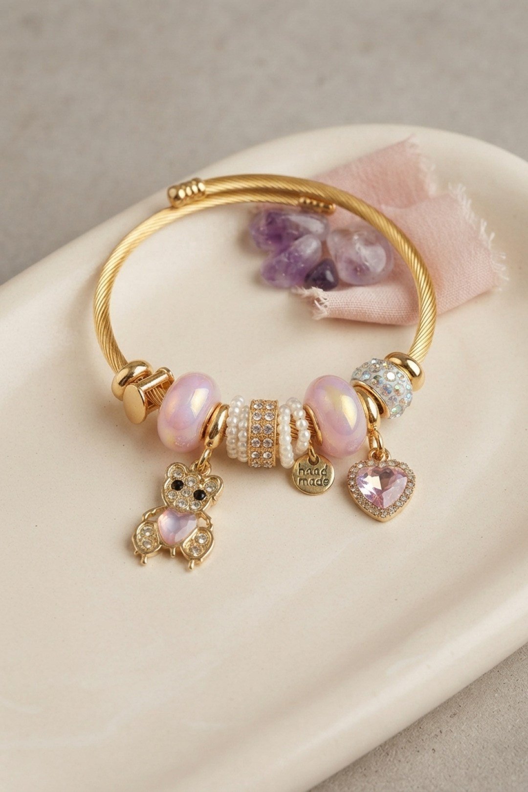 Pembe Renk Teddy Bear Model Gold Charmlı Bileklik