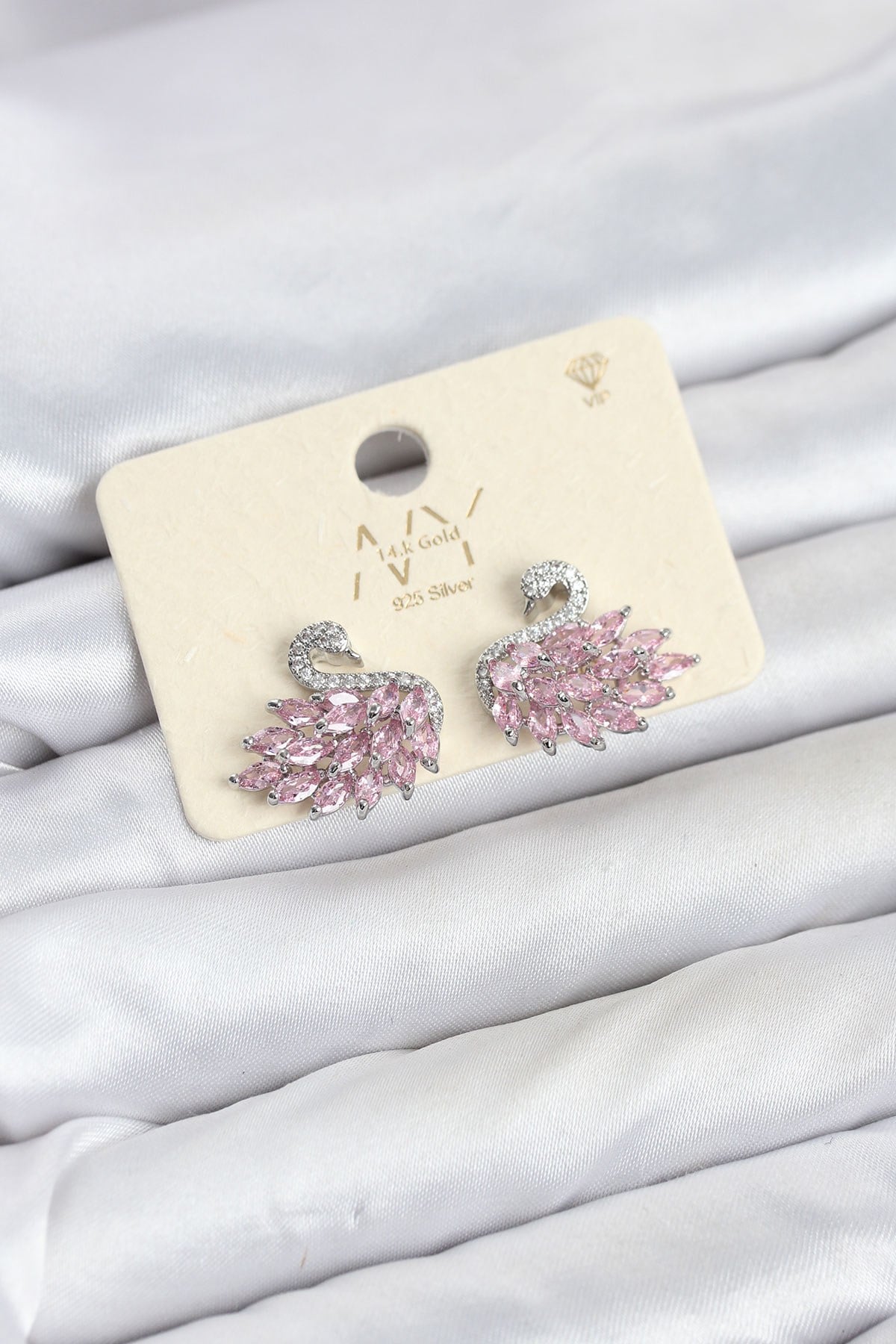 Pembe Zirkon Taşlı Gümüş Swan Kuğu Model Kadın Küpe