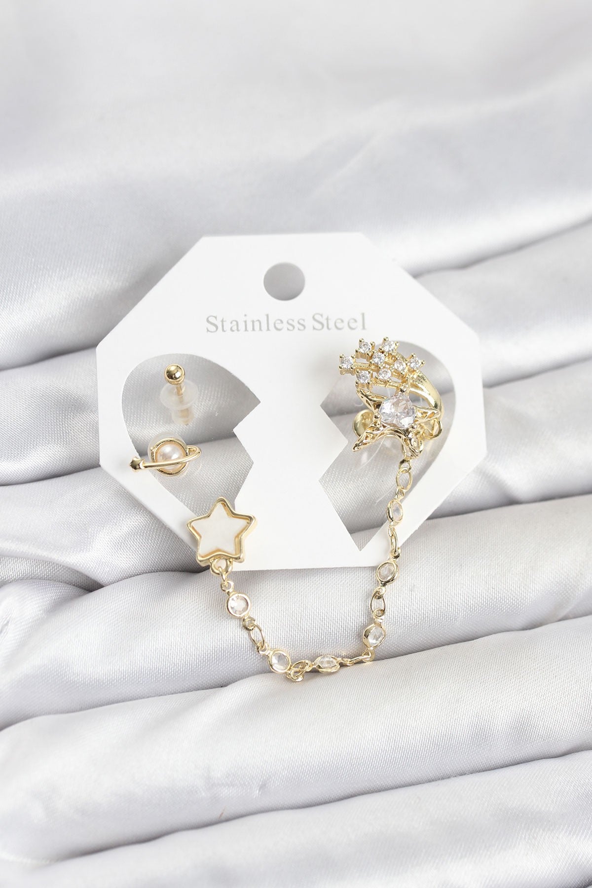 Pirinç Gold Renk Yıldız Model Zincir Bağlantılı Ear Cuff Küpe Seti