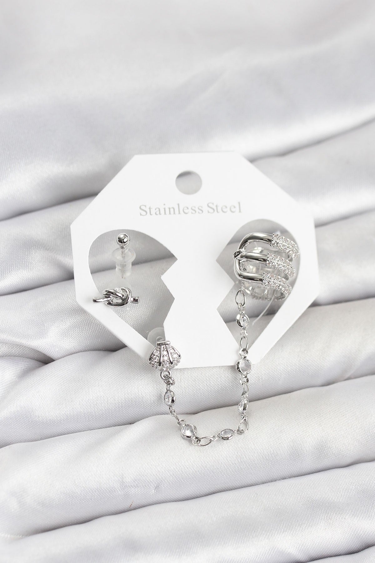 Pirinç Gümüş Renk Sarmal Model Zincir Bağlantılı Ear Cuff Küpe Seti