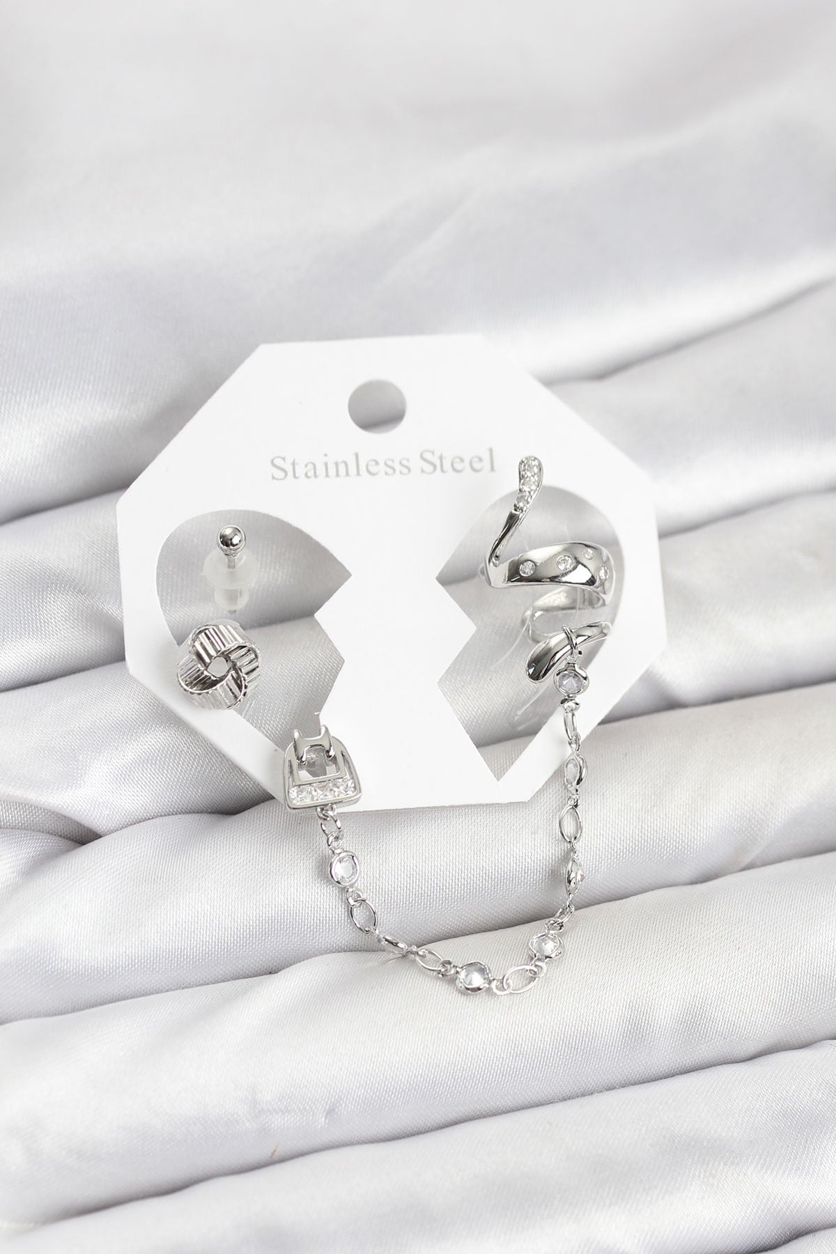 Pirinç Gümüş Renk Yılan Model Zincir Bağlantılı Ear Cuff Küpe Seti