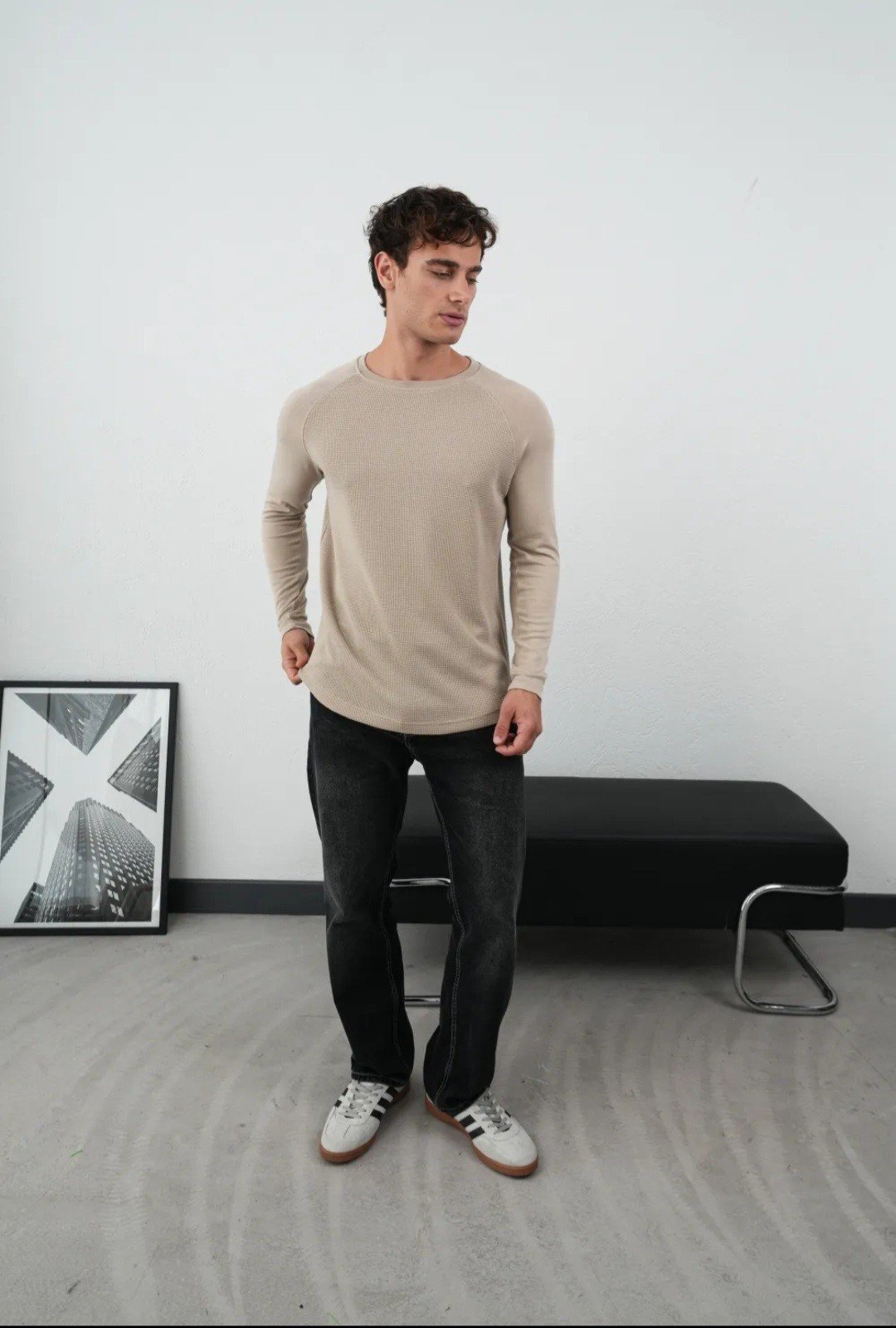 WAFFLE UZUN REGLAN KOLLU SWEAT BEJ