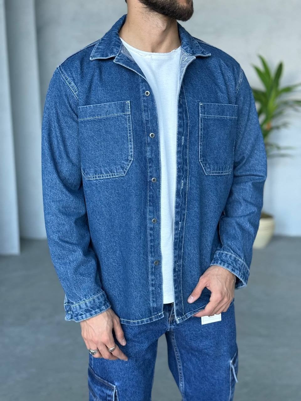 We11 Oversize Kot Gömlek Koyu Mavi