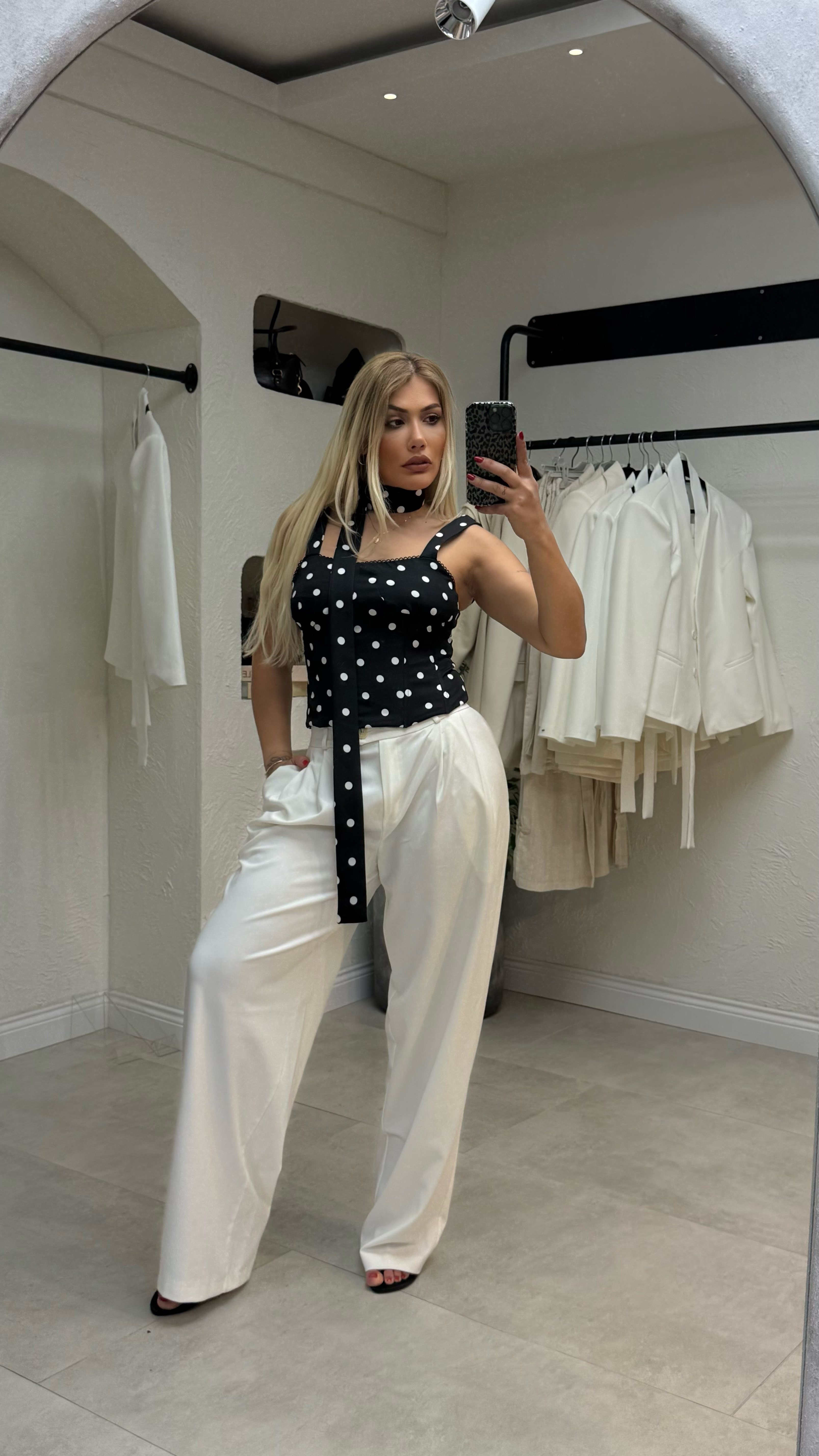 Beyaz Beli Lastikli Palazzo Pantolon