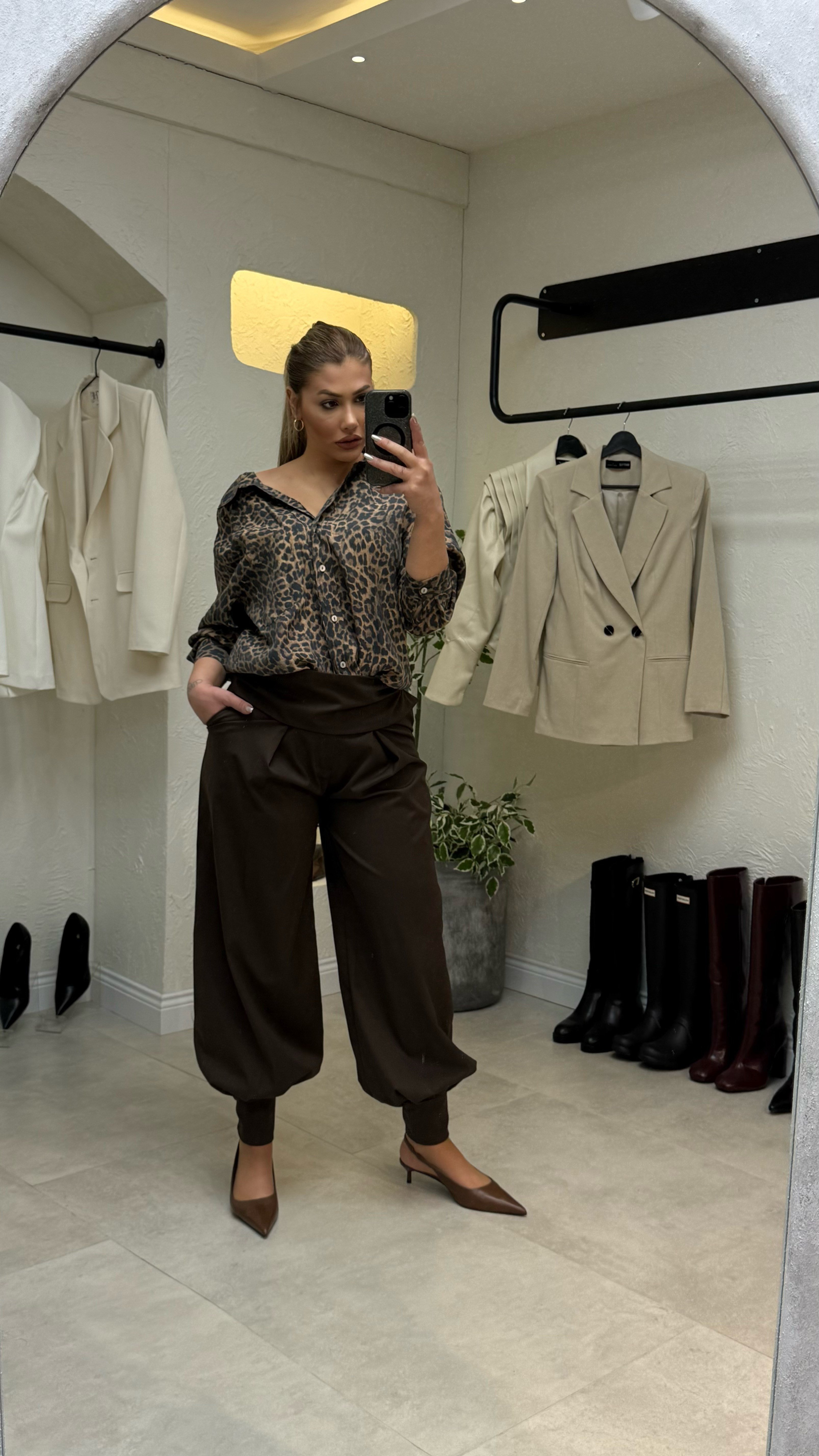 Kahve Şalvar Model Kuşaklı Pantolon