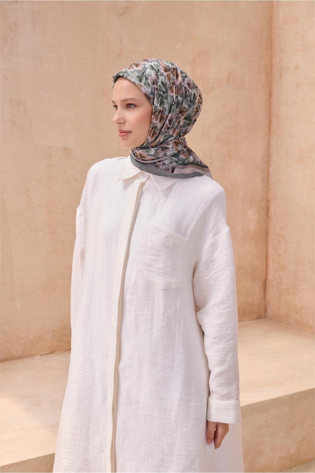 Çiçek Desen Haki Premium Soft Eşarp 11 - 10