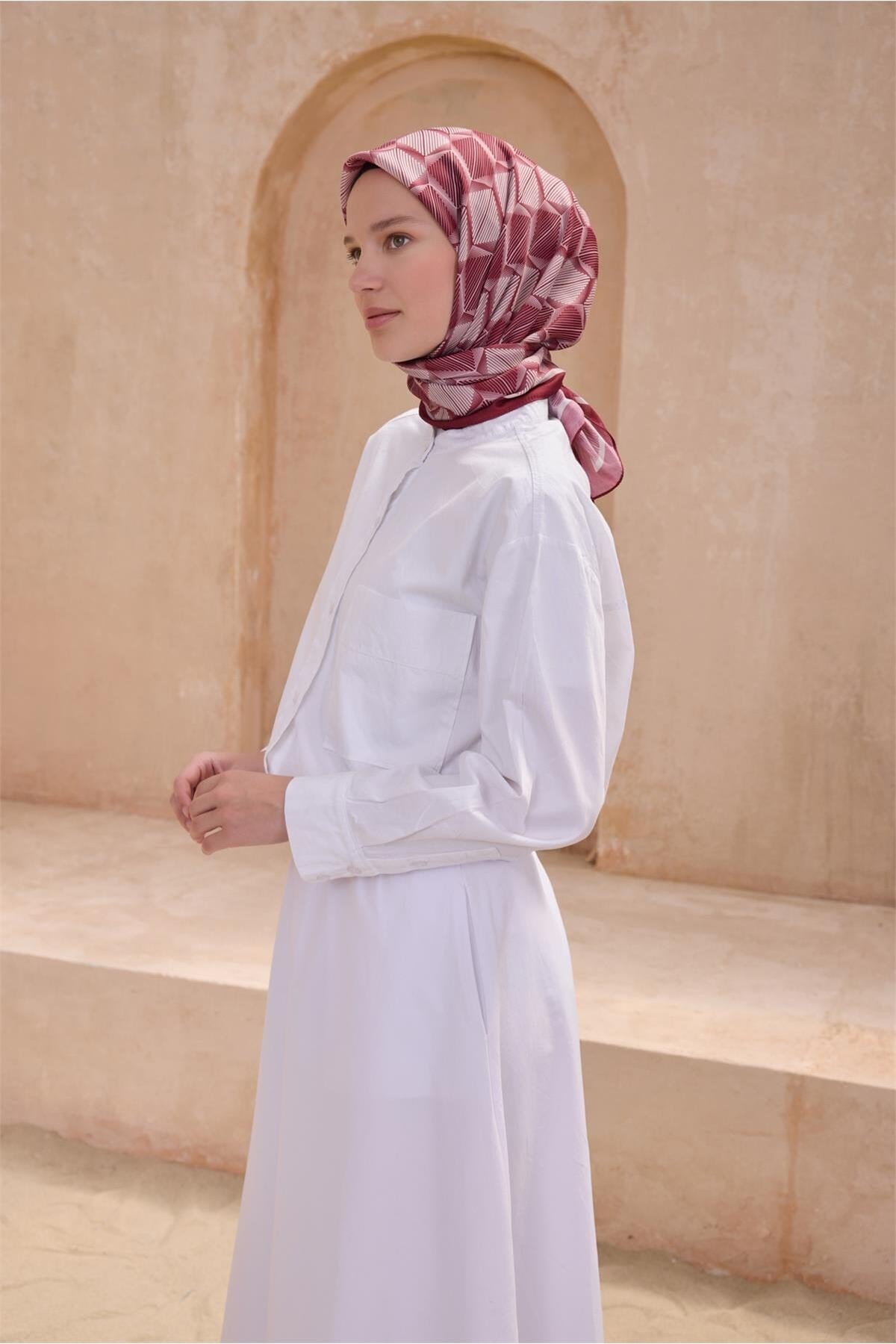 Geometrik Desen Bordo Premium Soft Eşarp 14 - 24