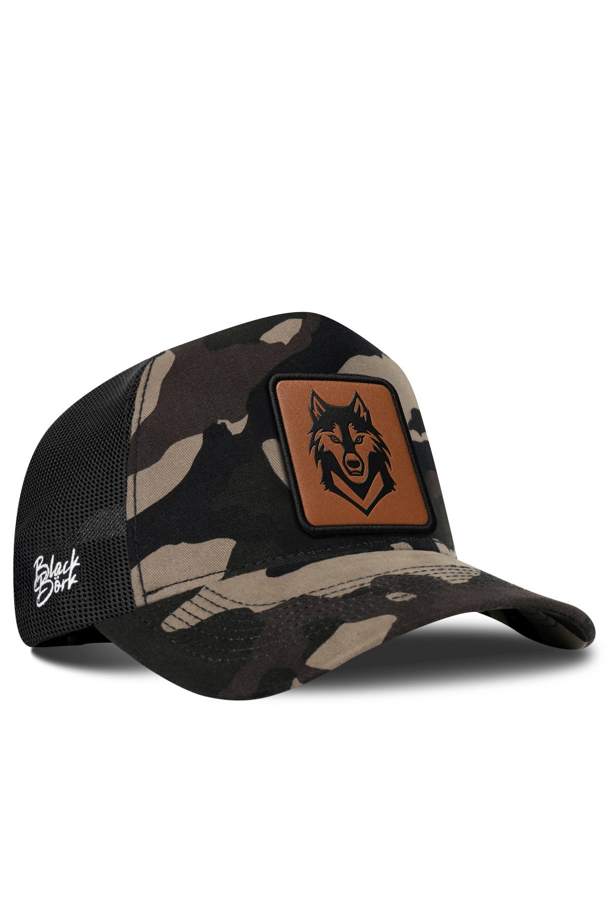 Kurt Logolu Kamuflaj-Siyah Trucker Şapka