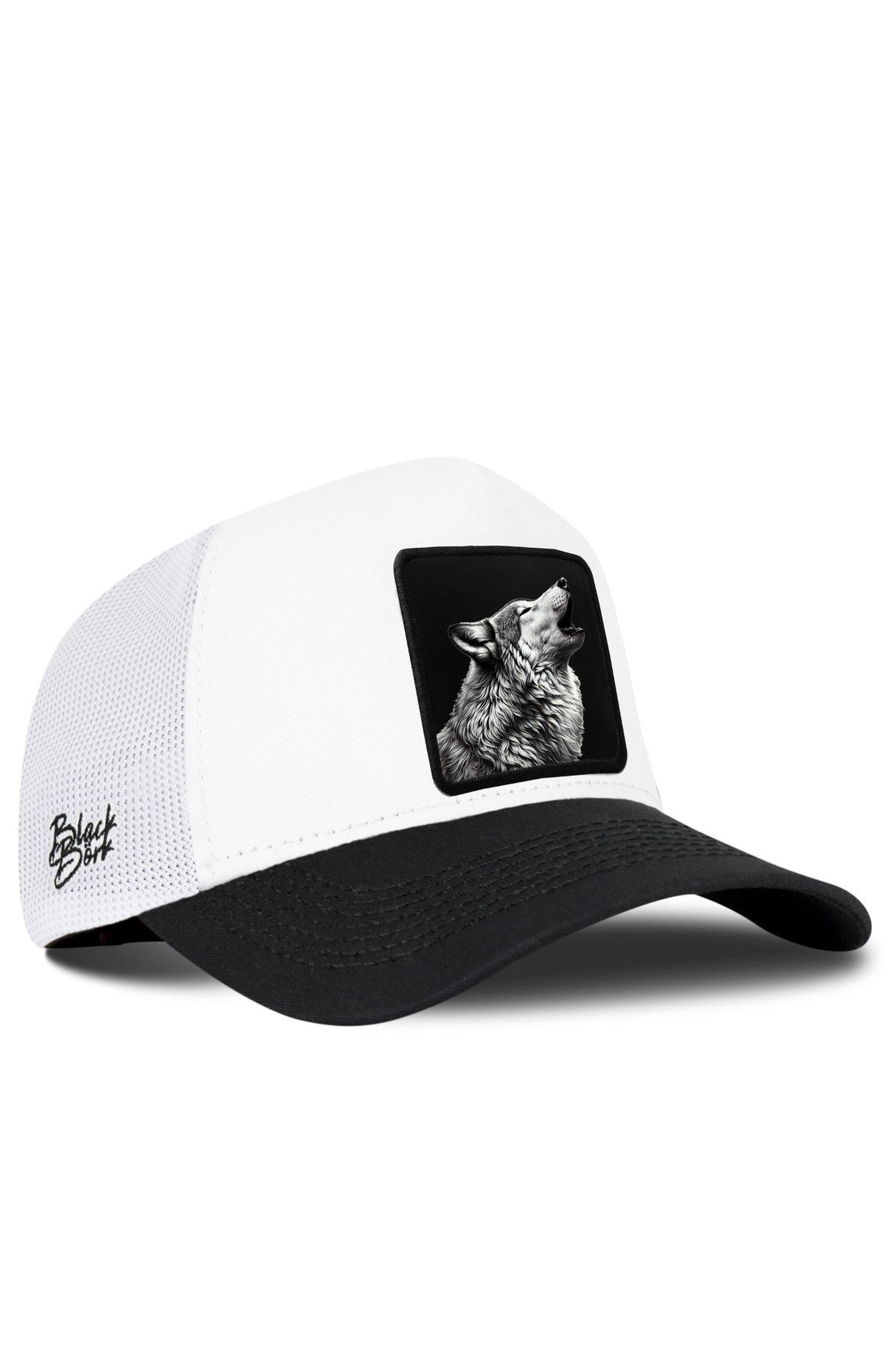 Kurt Logolu Siyah-Beyaz Trucker Şapka
