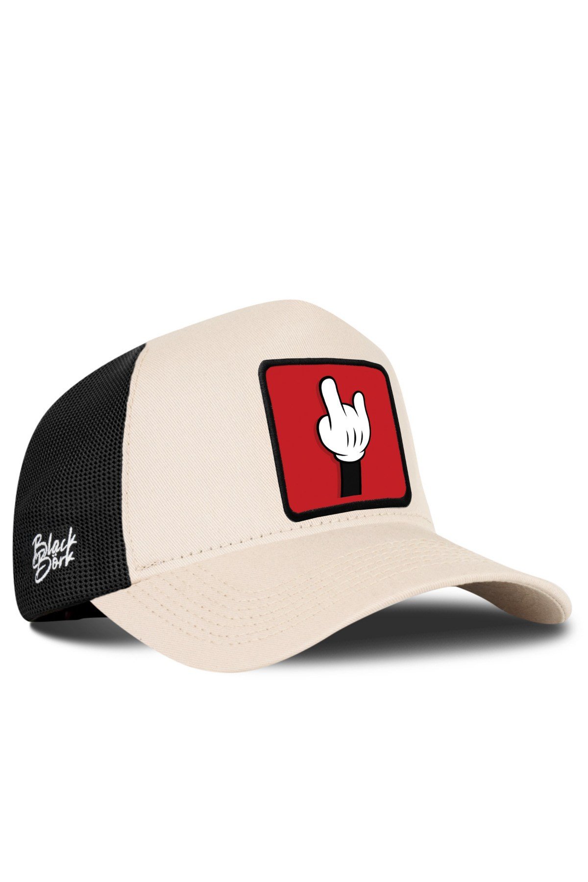 Parmak Logolu Bej Siyah Trucker Şapka