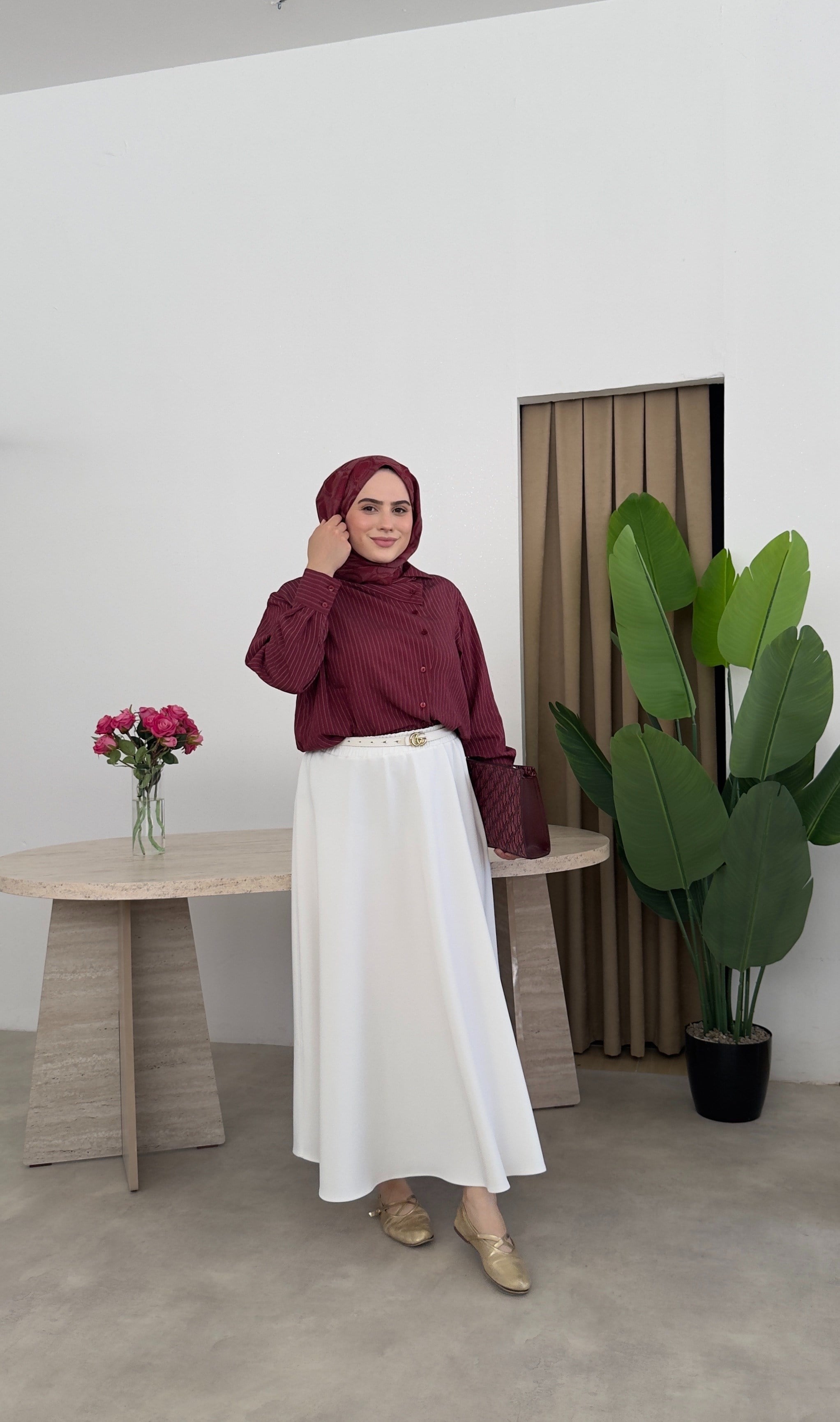 Asimetrik Yaka Çizgili Gömlek- Bordo