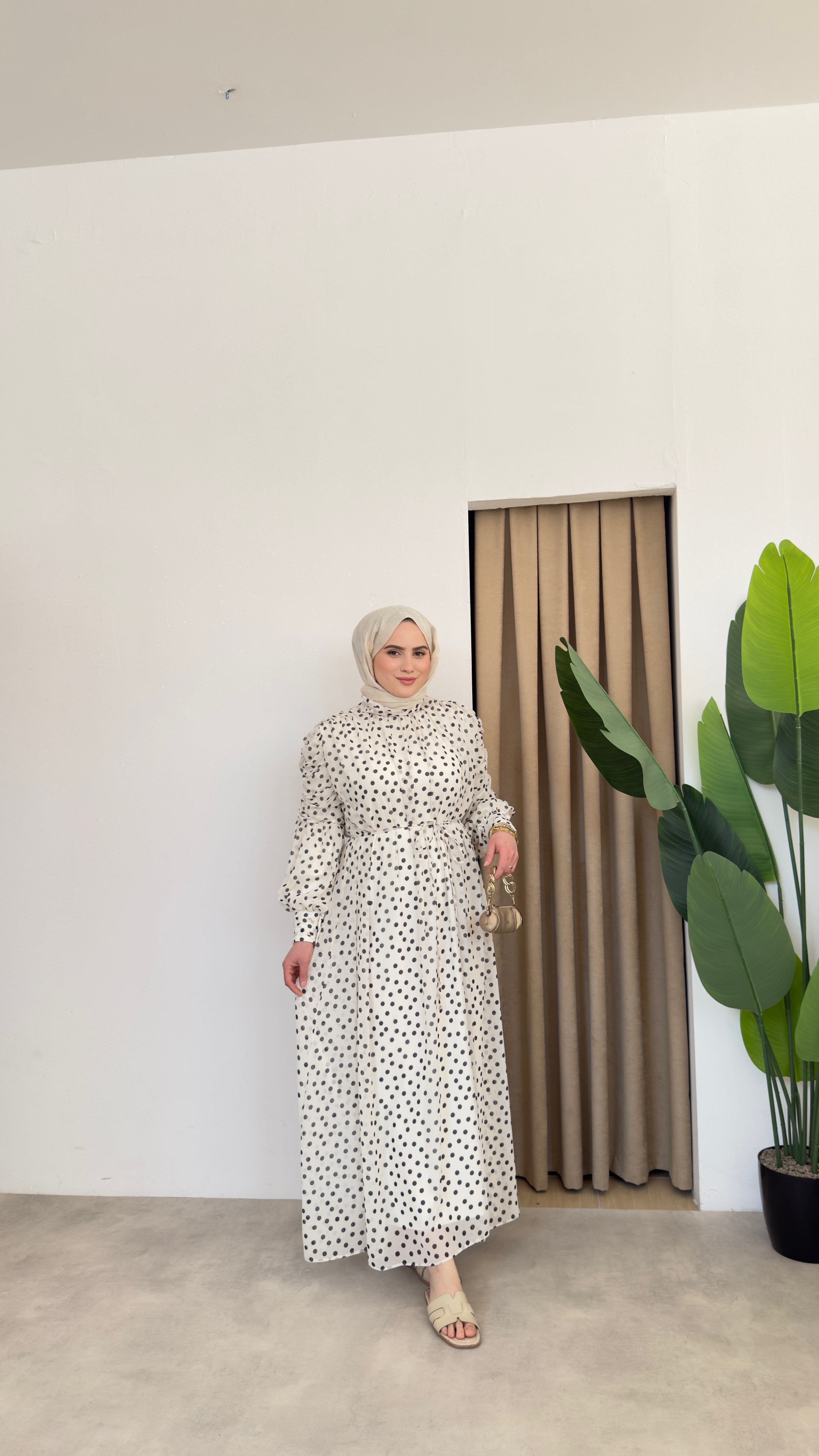 Asya Puantiyeli Elbise - Beyaz